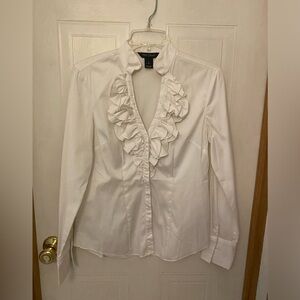 Romantic White House Black Market Ivory Ruffle Front Blouse 6